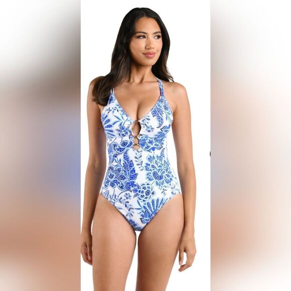 La Blanca Beyond The Pacific Underwire Lace Up One Piece NWOT Size 10 Blue/White - Picture 1 of 5